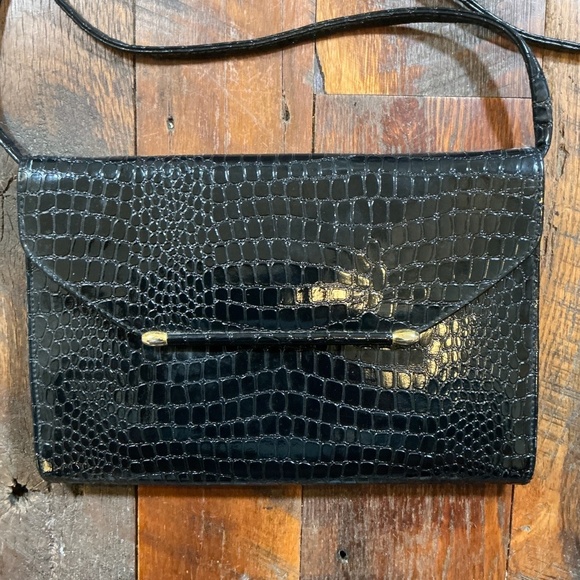 Vintage Black Croc Embossed Shoulder Bag Clutch Crossbody Convertible - Picture 5 of 7